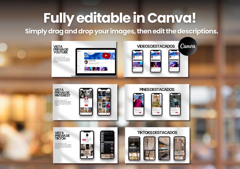 May include: Image showcasing a Canva template with a laptop and smartphones displaying social media mockups. The text reads "Fully editable in Canva!" and highlights YouTube, Pinterest, and TikTok previews. The Canva logo is visible.