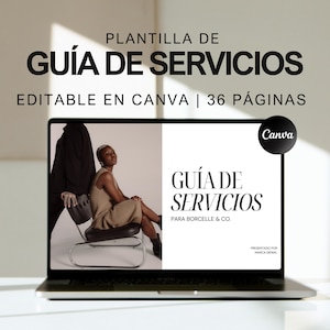 Puede incluir: Una pantalla de portátil que muestra una guía digital de servicios, con el título "Guía de Servicios" y el texto "Para Borcelle & Co.". La guía es presentada por March Genil y es editable en Canva. El portátil está sobre una superficie blanca.