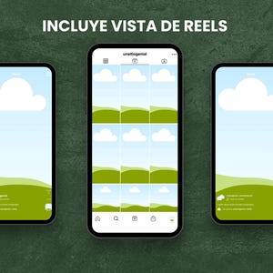 May include: Three screenshots of a mobile phone showing a mock-up of an Instagram Reels view. The phone screen displays a grid of nine images with a green landscape and white clouds. The top of the screen shows the text "unsitiogenial" and the bottom of the screen shows the Instagram navigation icons.