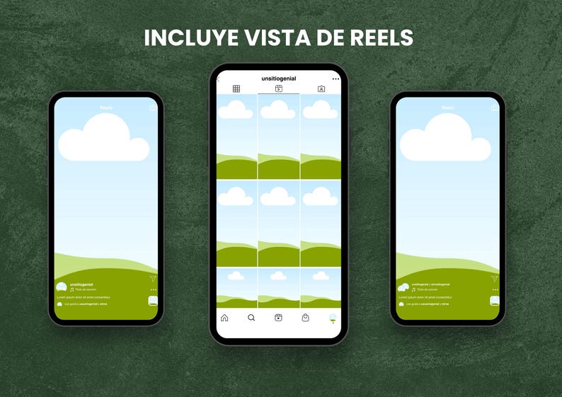 May include: Three screenshots of a mobile phone showing a mock-up of an Instagram Reels view. The phone screen displays a grid of nine images with a green landscape and white clouds. The top of the screen shows the text "unsitiogenial" and the bottom of the screen shows the Instagram navigation icons.