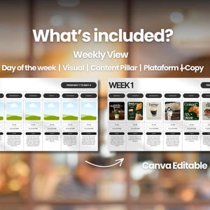 May include: A digital weekly planner template with the text "What's included?" and "Weekly View." The template includes sections for each day of the week, with space for visuals, content pillars, and platform copy. The template is Canva editable.