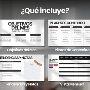 May include: A black and white graphic design template for social media planning. The template includes sections for monthly objectives, content pillars, trends and notes, and a monthly calendar.