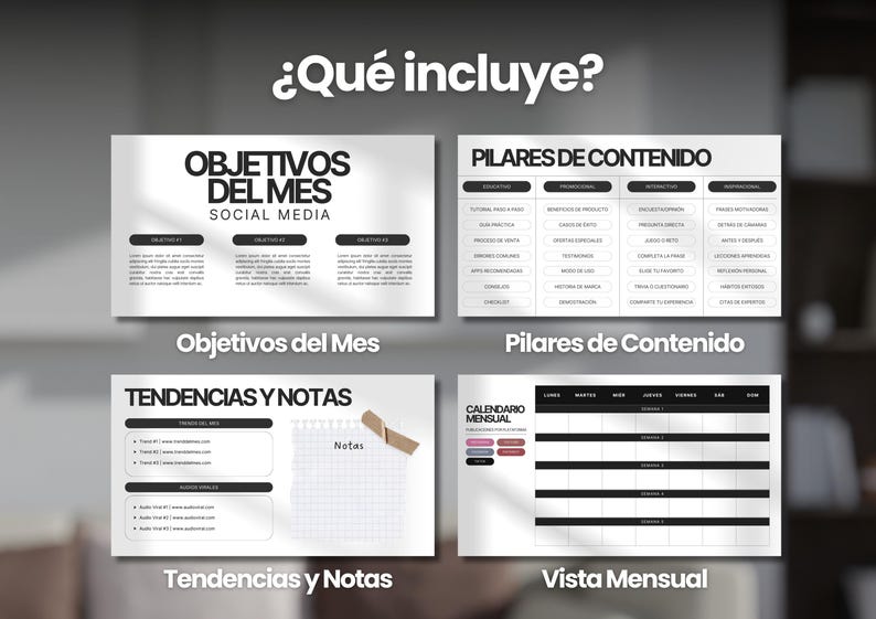 May include: A black and white graphic design template for social media planning. The template includes sections for monthly objectives, content pillars, trends and notes, and a monthly calendar.