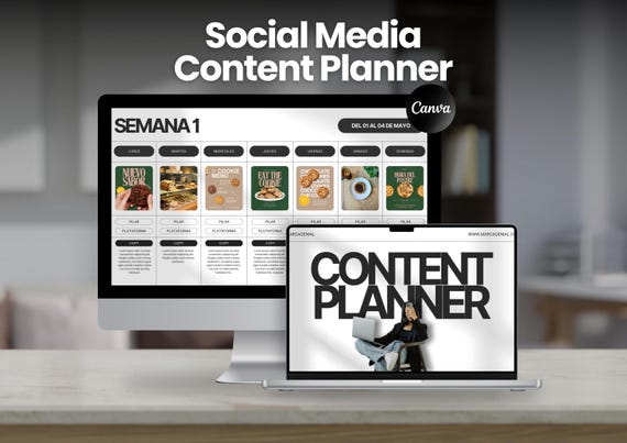 Planificador de Contenido para Social Media | Editable en Canva | Incluye Vista Mensual, Semanal y Mockups | Calendario de Contenido 2025