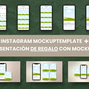 May include: Mockup template for Instagram posts featuring a smartphone with a green and blue landscape image. The template includes a variety of layouts and designs for showcasing different types of content.