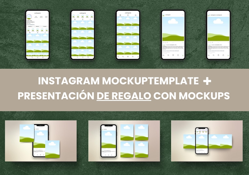 May include: Mockup template for Instagram posts featuring a smartphone with a green and blue landscape image. The template includes a variety of layouts and designs for showcasing different types of content.