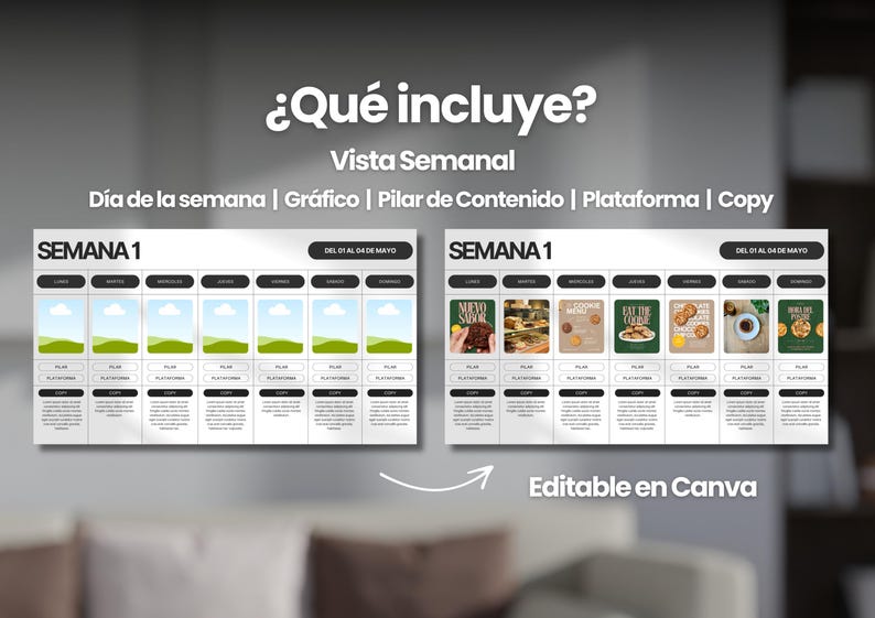 May include: A weekly content calendar template with the text "&iquest;Qu&eacute; incluye? Vista Semanal" at the top. The template is divided into two sections, each labeled "SEMANA 1" and includes a grid of boxes for each day of the week. The boxes are labeled with the days of the week, "Lunes", "Martes", "Mi&eacute;rcoles", "Jueves", "Viernes", "S&aacute;bado", and "Domingo". The template is editable in Canva.