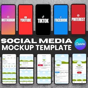 Puede incluir: Una plantilla de maqueta de redes sociales con smartphones que muestran los logotipos de Instagram, YouTube, TikTok, Facebook y Pinterest. El diseño incluye el texto "SOCIAL MEDIA MOCKUP TEMPLATE" y un logotipo de Canva.