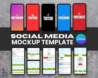 Social Media Mockups | Editable Canva Template | Instagram, Facebook, YouTube, Pinterest and TikTok Mockups for Smartphone