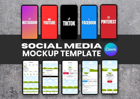 Mockups de Redes Sociales | Plantilla Editable en Canva | Mockups de Instagram, Facebook, YouTube, Pinterest y TikTok para Smartphone