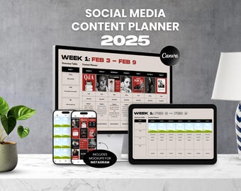 Content Planner 2025 for Social Media + Instagram Mockups | Editable Canva Template | Editable Monthly & Weekly Planner