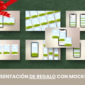 May include: A mockup presentation of a phone screen with a green and blue landscape image. The image is repeated on multiple phone screens, creating a grid pattern. The phone screens are arranged in a variety of configurations, including a single phone screen, a grid of phone screens, and a stack of phone screens. The image is perfect for showcasing a mobile app or website design.