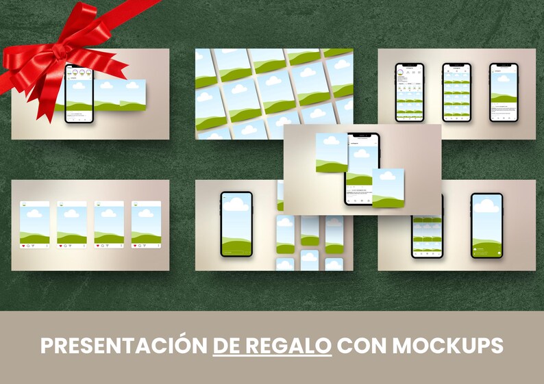 May include: A mockup presentation of a phone screen with a green and blue landscape image. The image is repeated on multiple phone screens, creating a grid pattern. The phone screens are arranged in a variety of configurations, including a single phone screen, a grid of phone screens, and a stack of phone screens. The image is perfect for showcasing a mobile app or website design.