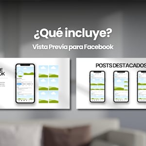 May include: A mockup of a Facebook page preview, showing a profile picture, a cover photo, and a grid of highlighted posts. The text "Vista Previa de Facebook" is displayed above the preview. The text "&iquest;Qu&eacute; incluye?" is displayed above the title.