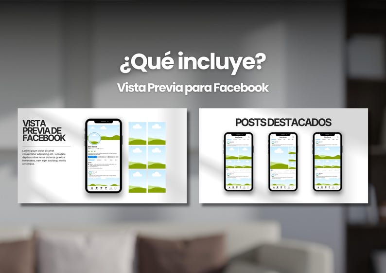 May include: A mockup of a Facebook page preview, showing a profile picture, a cover photo, and a grid of highlighted posts. The text "Vista Previa de Facebook" is displayed above the preview. The text "&iquest;Qu&eacute; incluye?" is displayed above the title.