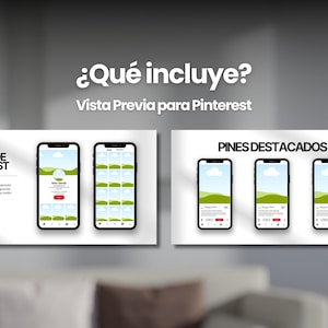 May include: A mockup of a Pinterest page with the text "Vista Previa de Pinterest" and "Pines Destacados". The page shows a preview of a profile with a grid of images and three featured pins.