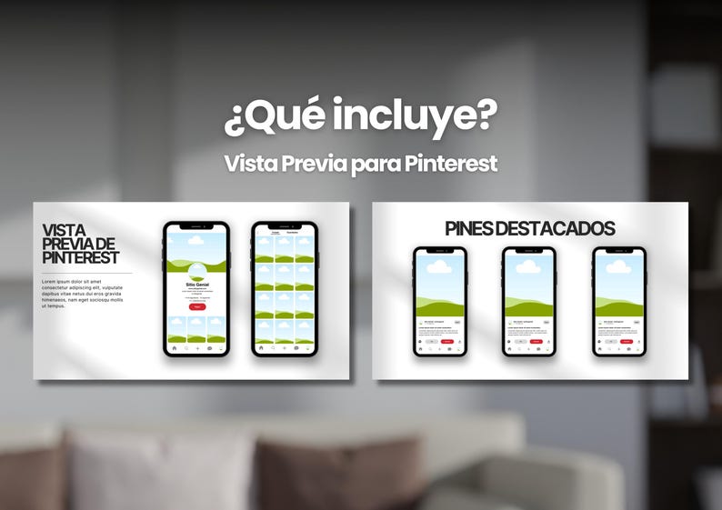 May include: A mockup of a Pinterest page with the text "Vista Previa de Pinterest" and "Pines Destacados". The page shows a preview of a profile with a grid of images and three featured pins.