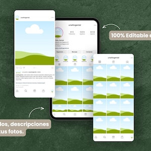 May include: A mockup of a phone screen showing a social media profile with a green and blue landscape design. The text "100% Editable in Canva" is displayed on the screen. The text "Edita t&iacute;tulos, descripciones y a&ntilde;ade tus fotos." is displayed below the phone screen.
