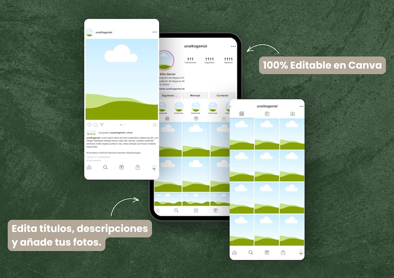 May include: A mockup of a phone screen showing a social media profile with a green and blue landscape design. The text "100% Editable in Canva" is displayed on the screen. The text "Edita t&iacute;tulos, descripciones y a&ntilde;ade tus fotos." is displayed below the phone screen.
