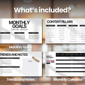 May include: Image showing four informational graphics. The top left graphic is titled "MONTHLY GOALS SOCIAL MEDIA". The top right graphic is titled "CONTENT PILLARS". The bottom left graphic is titled "TRENDS AND NOTES". The bottom right graphic is titled "MONTHLY CALENDAR".