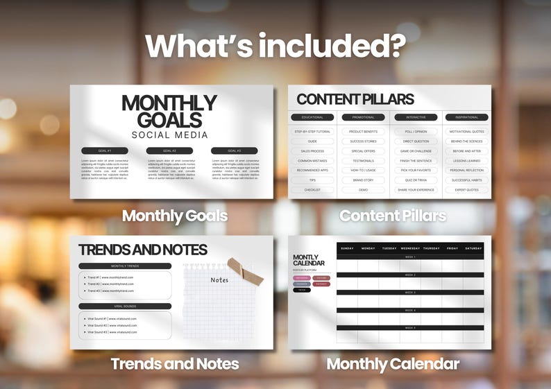 May include: Image showing four informational graphics. The top left graphic is titled "MONTHLY GOALS SOCIAL MEDIA". The top right graphic is titled "CONTENT PILLARS". The bottom left graphic is titled "TRENDS AND NOTES". The bottom right graphic is titled "MONTHLY CALENDAR".