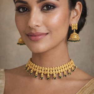 Conjunto único de gargantilla nupcial minimalista de oro antiguo con jhumkas: Joyería nupcial del sur de la India