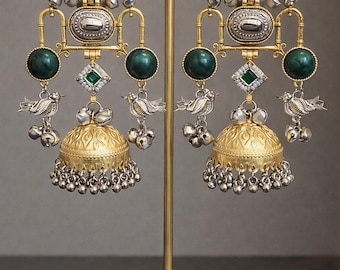 Long Kashmiri Ghungroo Jhumkas | Traditional Indian silver Statement Earrings | Gold Tone Bridal Jewelry