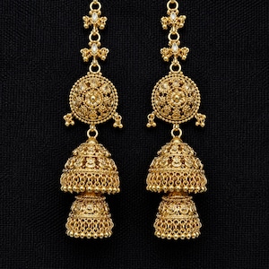Unique 22K Gold Finish jhumka Earrings with attached saharay, Punjabi Traditional jewellery| Long Gold Baliyan, 1 gram gold plated earrings