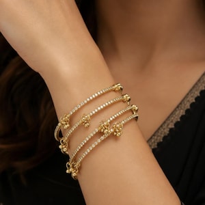 Gold Plated Zirconia Bangles Set, Kashmiri Ghungroo Bridal Kada, Traditional Indian Jewelry