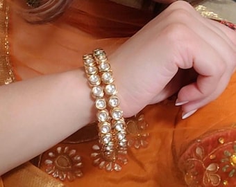 Bracelets joncs Kundan en plaqué or, Bijoux indiens du Pendjab, Set de 2