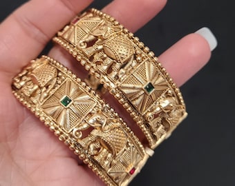 Elephant Motif Matte Antique Gold Plated Bangle, Rajwadi Adjustable Screw Kada, Indian Bridal Bangles, Traditional Gold Bracelet