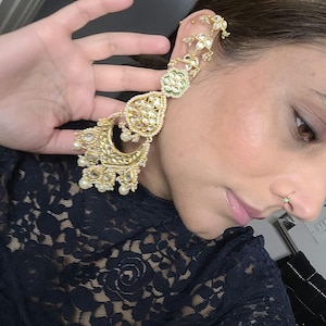 Long kundan earrings with ear chain, indian pakistani gold plated kundan jhumka, punjabi kundan chandbalis, indian wedding jewelry