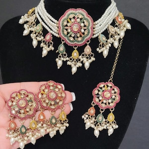 Pakistani  multi choker set-bollywood designer jewellery-indian choker jewelry-Bridal Jewelry-Wedding Pearl Necklace Set-punjabi