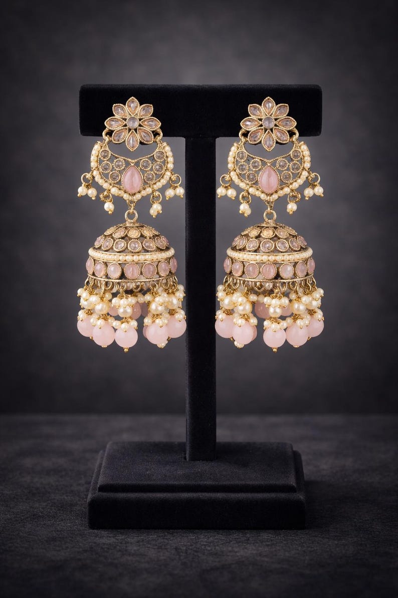 Indian long polki Earrings: Pearl Bridal Jewelry image 5