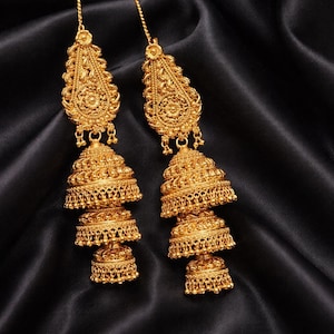 Unique 22K Gold Finish 3 layered jhumka Earrings with attached saharay, Punjabi Traditional jewellery