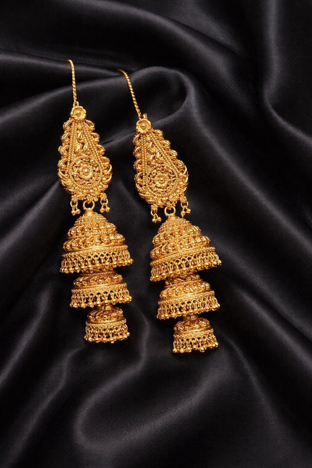 Unique 22K Gold Finish Layered Jhumka Earrings With Attached