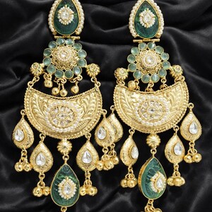 Antique Gold Kashmiri Jhumka Earrings | Pearl Green Stone Dangler Bridal Jewelry image 4
