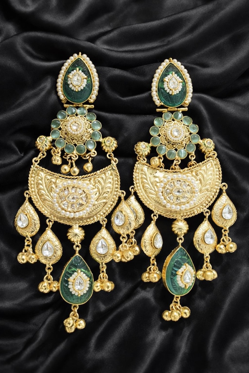 Antique Gold Kashmiri Jhumka Earrings | Pearl Green Stone Dangler Bridal Jewelry image 4