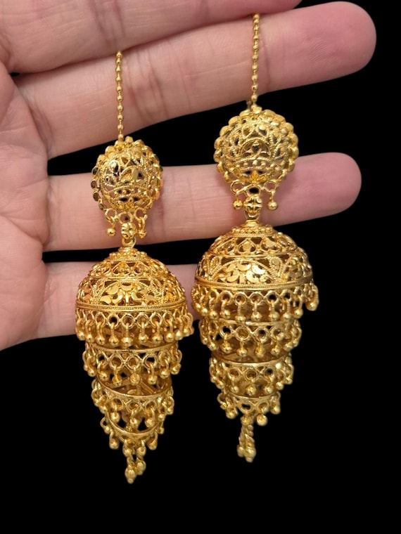 24K punjabi Gold finish Jhumka Earrings: Indian Wedding jaggo sangeet Jewelry