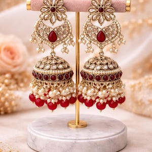 Indian long polki Earrings: Pearl Bridal Jewelry image 4