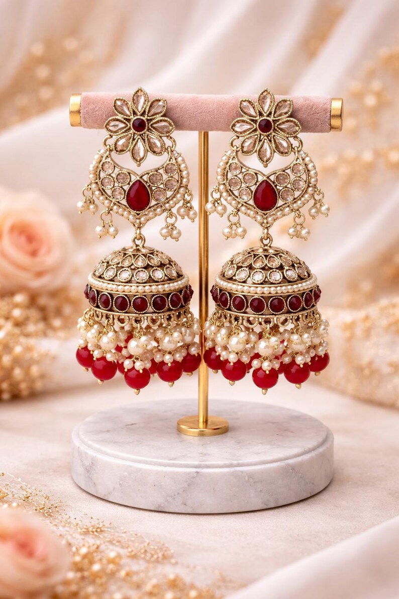Indian long polki Earrings: Pearl Bridal Jewelry image 4
