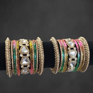Kundan Bangle Set: Multi-Colored Glass Churian, Indian Bridal Jewelry