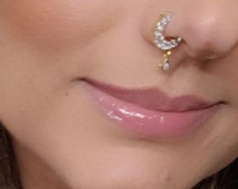 Diamond Nose Ring | Indian Gold Plated Nath | Cubic Zirconia Bridal Nose Pin | Piercing Nose | Traditional Nose Jewelry, everyday nose ring