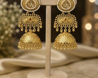 Lightweight peacock Kashmiri Ghungroo Jhumkas | Traditional Indian Statement Earrings | Gold Tone Bridal Jewelry