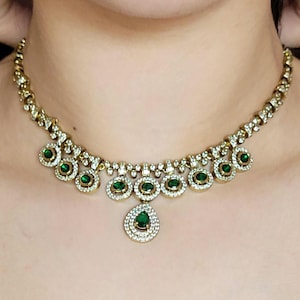American Diamond Necklace Set: Red & Green Gemstones, Antique Gold Plated