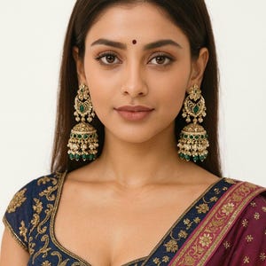 Indian long polki Earrings: Pearl Bridal Jewelry image 7