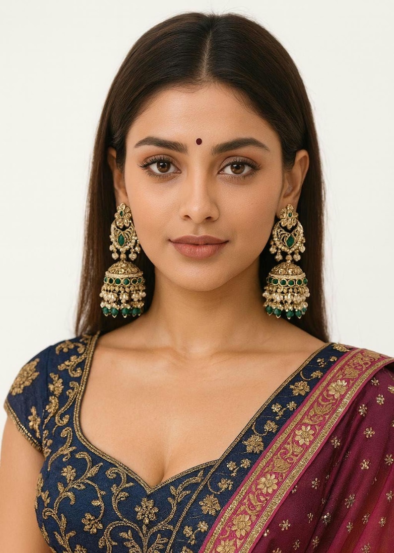 Indian long polki Earrings: Pearl Bridal Jewelry image 7