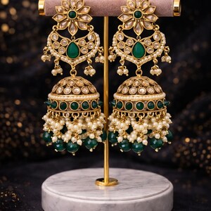 Indian long polki Earrings: Pearl Bridal Jewelry image 3