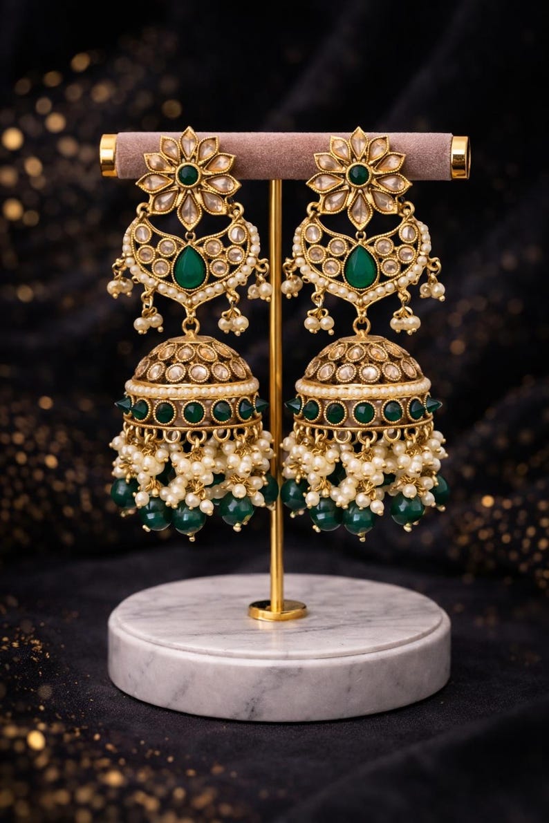 Indian long polki Earrings: Pearl Bridal Jewelry image 3