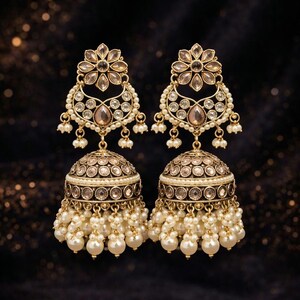 Indian long polki Earrings: Pearl Bridal Jewelry image 2